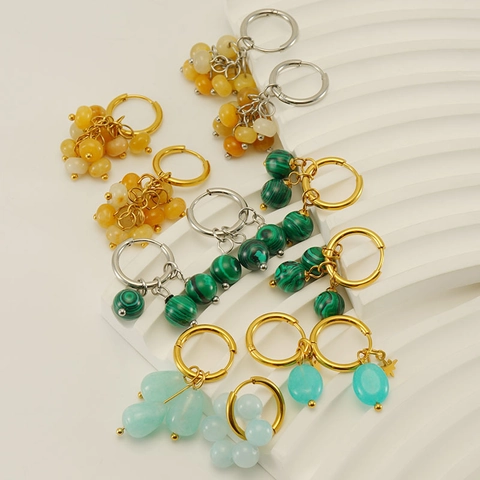 Hoop Earrings For Women Stainless Steel 18k Gold Plated Natural Stone Malachite Vintage Style Retro Jewelry Gift