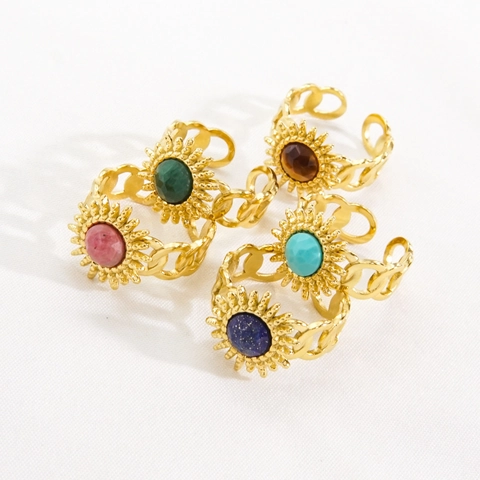 Bohemian Sunflower Natural Stone Adjustable Ring Stainless Steel Sunburst Hollow Chain Band Retro Jewelry For Women