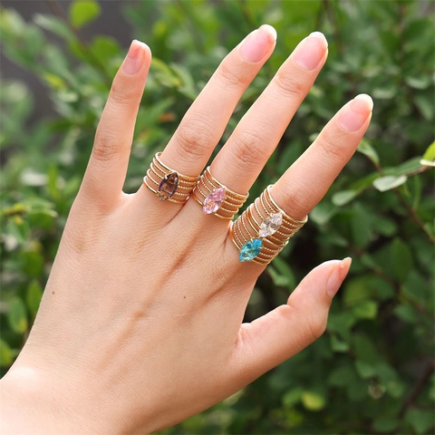 Marquise Zircon Ring Gold Plated Stainless Steel Multi-Layer Open Adjustable Band Elegant Finger Jewelry For Women