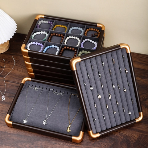 Jewelry Display Tray Solid Wood Velvet Storage Organizer Stackable Walnut Color With Metal Corner For Rings Necklaces Earrings