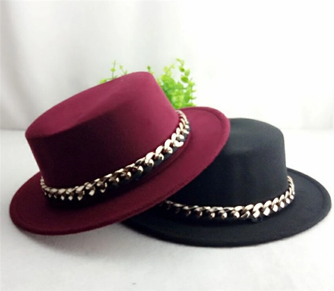 Flat Top Boater Hat Wool Felt Wide Brim With Gold Metal Chain Elegant British Vintage Style Solid Color For Women