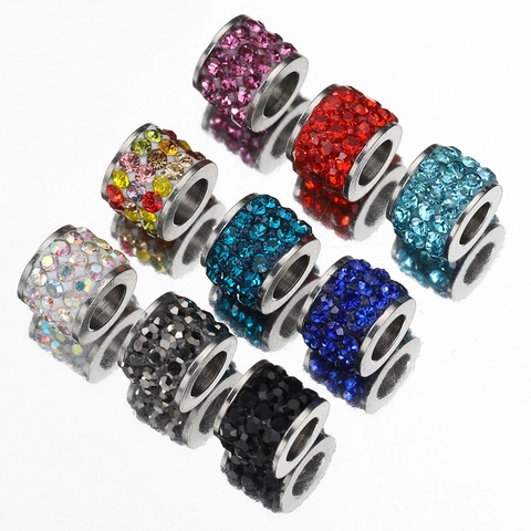Stainless Steel Rhinestone Large Hole Spacer Beads Crystal Pave European Charm For DIY Jewelry Making Bracelet Necklace