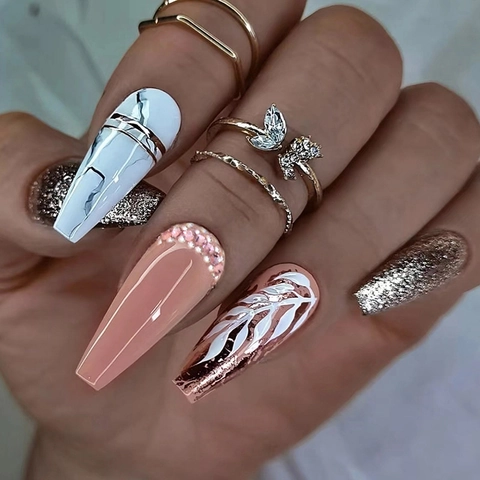 Ongles À Presser Forme Cercueil Longue Motif Marbre Craquelé Strass Paillettes Or Rose Faux Ongles Pour Femmes