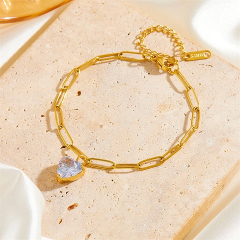 Pulsera Pendientes De Acero Inoxidable Con Colgante De Corazón Circonita Púrpura Cadena De Clip Chapado En Oro Regalo