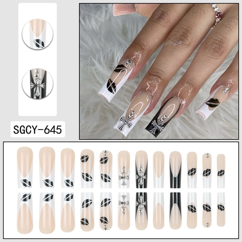 Unghie Finte Bara Lunghe Press On Nero Bianco French Gotico Metallo Croce Decorazione Strass Impronta Di Labbra Punk