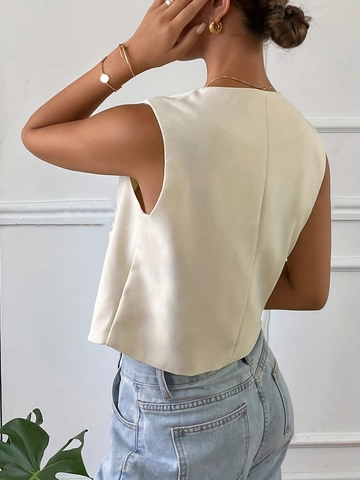 Women Elegant Vest Polyester Spandex Single Breasted Round Neck Gold Buttons Pockets Slim Fit Sleeveless Top Minimalist