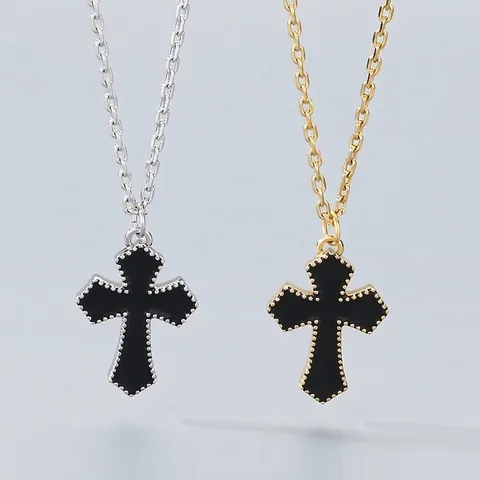 Cross Pendant Necklace Stainless Steel Black Enamel Beaded Edge Minimalist Jewelry For Men Women