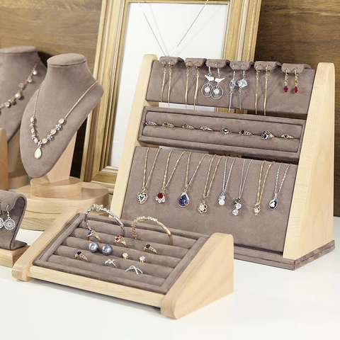 Solid Wood Jewelry Display Stand Necklace Portrait Bust Ring Holder Earring Rack Velvet Jewelry Storage Organizer