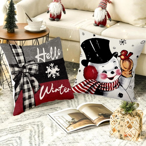 Weihnachts Kissenbezüge Polyester Leinenoptik Schneemann Weihnachtsmann Winter Urlaub Haus Deko