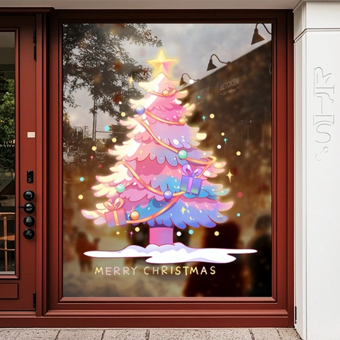Pegatinas Ventana Árbol Navidad PVC Estática Color Doble Cara Para Vitrina Hogar Decoración Festiva Dibujos Animados