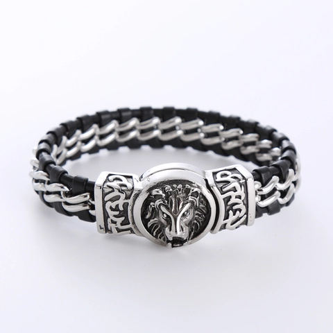 Bracciale In Pelle Intrecciata Testa Di Leone Con Catena In Acciaio Inossidabile 304 Gioielli Punk Moto Per Uomini Retro