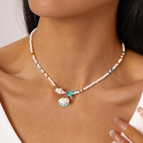 Collar De Cuentas Marino Imitación Perla Artificial Concha Estrella De Mar Colgante Cuentas De Vidrio Estilo Playa Joyas Para Mujeres