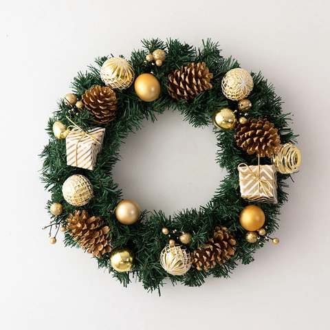 Künstlicher Weihnachtskranz Mit Natürlichen Zapfen Glänzend Rot Gold Ornamente Geschenkboxen Für Haustür Dekor