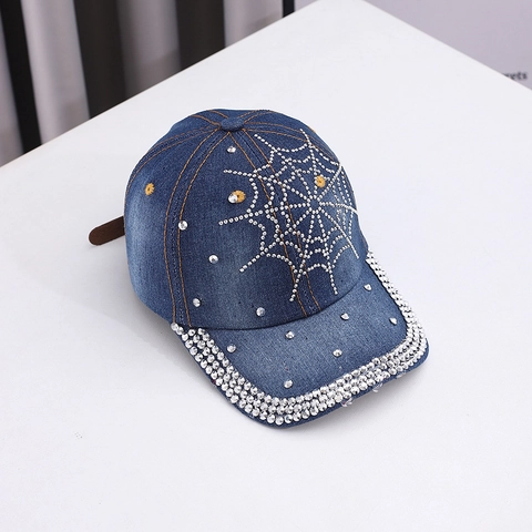 Casquette De Baseball En Denim Motif Toile D'araignée En Strass Rivet Punk Streetwear Chapeau Réglable Unisexe