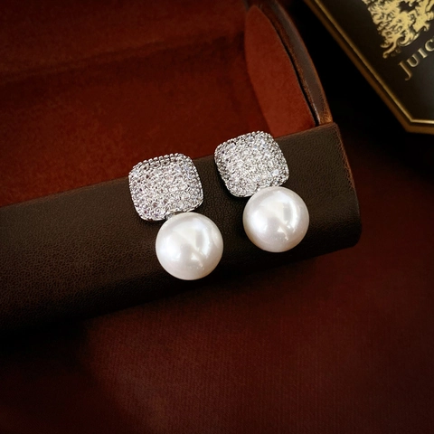 Zircon Square Drop Earrings With 925 Sterling Silver Earring Post Faux Artificial Pearl Copper Base Elegant Jewelry For Women