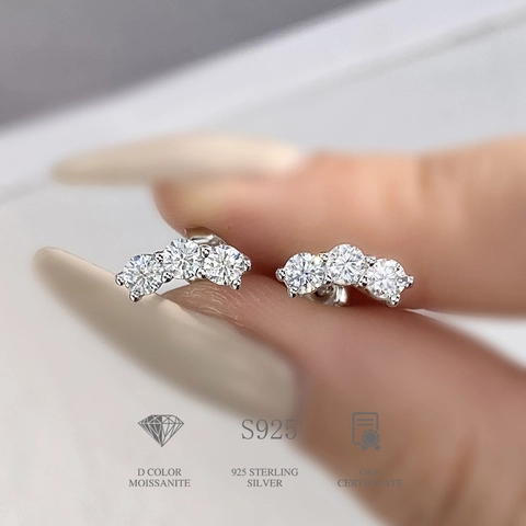 925 Sterling Silver Moissanite Stud Earrings For Women Elegant D Color Curved Three Stone Earrings With Certificate Fine Jewelry Gift