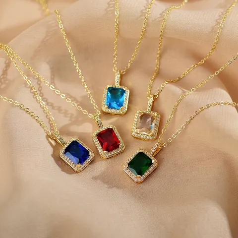 Retro Square Gemstone Pendant Necklace Elegant Titanium Steel Clavicle Chain Geometric Cubic Zirconia Jewelry For Women