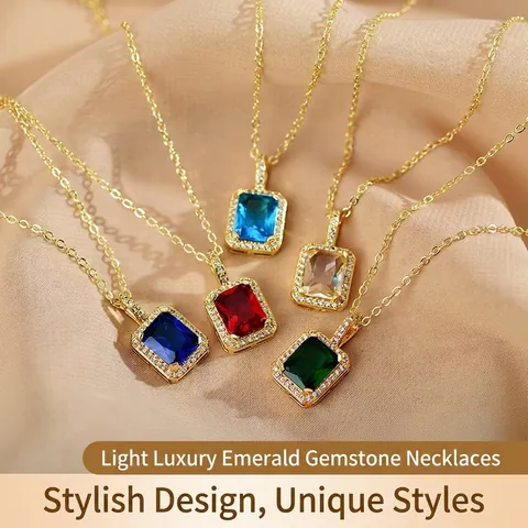 Retro Square Gemstone Pendant Necklace Elegant Titanium Steel Clavicle Chain Geometric Cubic Zirconia Jewelry For Women