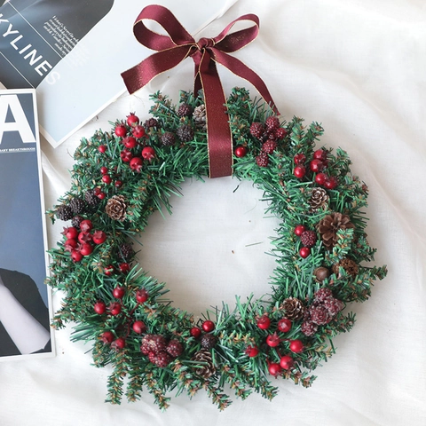 Artificial Christmas Wreath With Natural Pinecones Red Berries And Velvet Bow Door Hanging Festive Holiday Home Garland