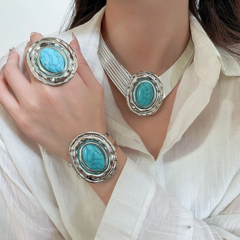 Westerse Vintage Overdreven IJzer Acryl Sieradenset Ovaal Lavatextuur Goud Zilver Verguld Choker Halsketting Armband Ring Oorbellen Set Voor Dames