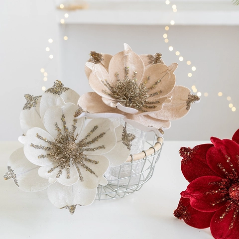 Christmas Artificial Flower Velvet Magnolia With Glitter Sequins For Tree Home Party Wedding Decor Elegant Floral
