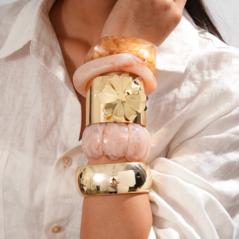 Wide Bangle Bracelets Acrylic Resin Marble Gold Metal Flower Geometric Retro Style Cuff Armband Jewelry Women
