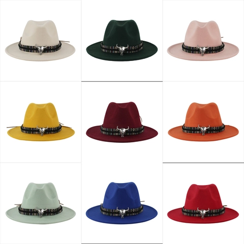 Cappello Fedora Western Cowboy Donna Uomo Stile Etnico Fascia Intrecciata Accessorio Testa di Toro Tesa Larga Feltro