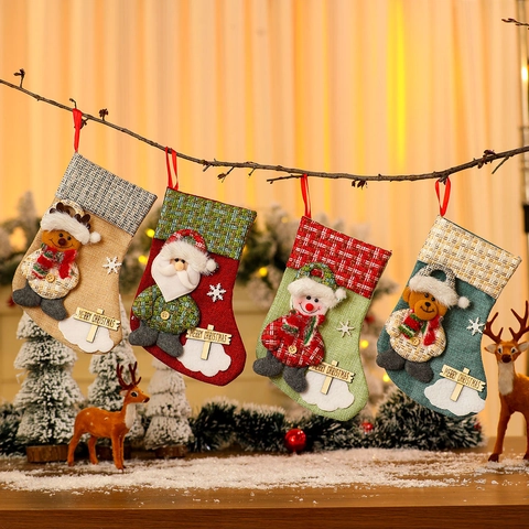 Calza Di Natale Decorazione Appesa Iuta Lino 3D Cartone Animato Babbo Natale Pupazzo Di Neve Renna Orso Insegna Legno Borsa