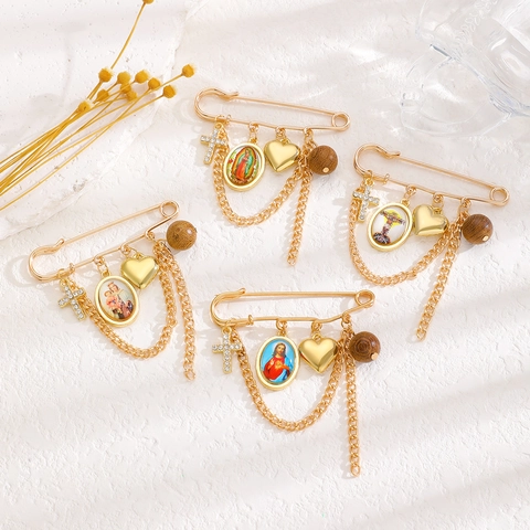 Spilla da Balia Vintage in Oro Con Croce di Strass Cuore Perla di Legno Ciondoli Religiosi Catena in Lega Spilla Gioielli