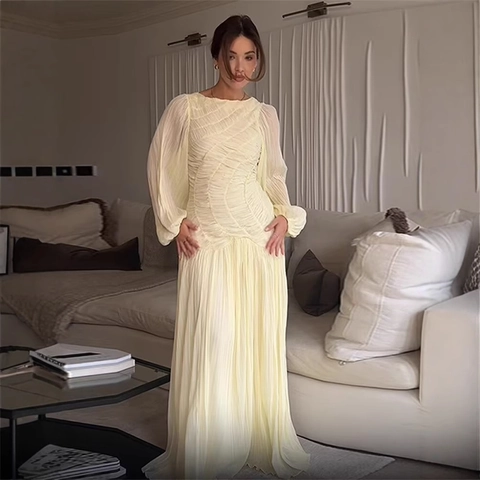 Elegant Long Sleeve Maxi Dress For Women Pleated Ruched Round Neck Solid Color Polyester Chiffon Floor Length
