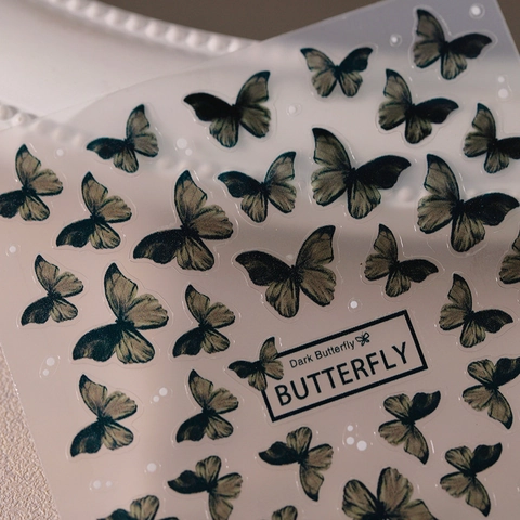 Dark Butterfly Nail Stickers Matte Semi Transparent PET Self Adhesive Vintage French Style Manicure Decoration