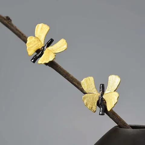 Handcrafted 925 Sterling Silver Butterfly Ginkgo Leaf Stud Earrings Matte Gold Silver Plated Elegant Botanical Jewelry For Women
