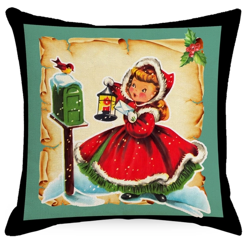 Funda De Cojín De Lino De Navidad Retro Funda De Almohada Cuadrada Estampado Papá Noel Alce Decoración Sofá