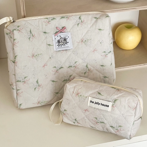 Trousse De Toilette En Coton Matelassé Imprimé Fleuri Nœud Pochette De Maquillage Grande Capacité Rétro Organisateur
