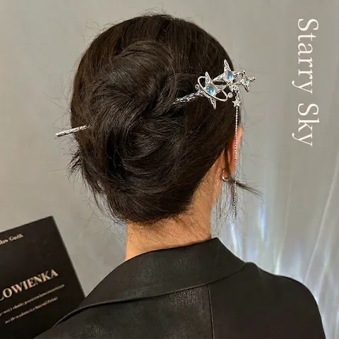 Starry Sky Moonstone Hair Stick Alloy Hairpin With Tassel Star Moon And Faux Artificial Pearl Retro Chinese Style Elegant Accessory