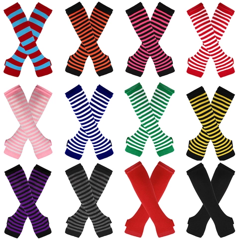 Long Knitted Arm Sleeves Striped Fingerless Gloves With Thumb Hole Cosplay Punk Gothic Elastic Warm Hand Warmer