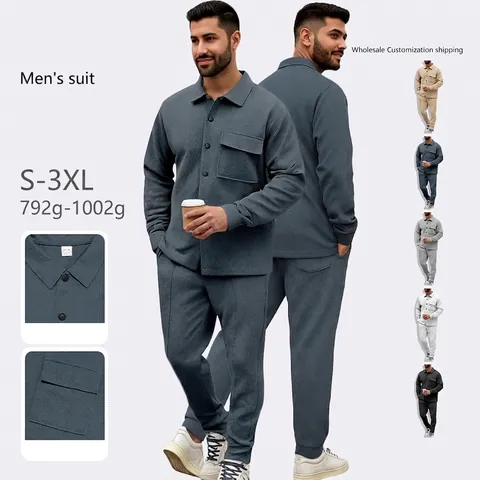 Herren Retro Casual Jacke Und Hose Waffelstruktur Jacquard Revers Langarm Slim Fit Schwergewicht Amerikanischer Stil