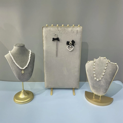 Jewelry Display Stand Metal Velvet Necklace Bust Bracelet Rack Organizer Professional Retail Storage Luxury Grey Gold Elegant Countertop