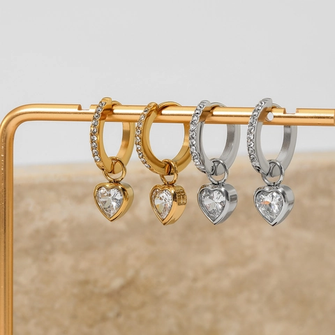 Stainless Steel Heart Pendant Hoop Earrings With Sparkly Zircon Stones Elegant Minimalist Jewelry For Women