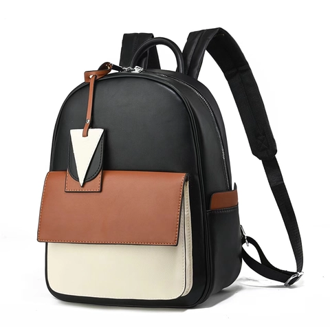 Fashion Color Block Backpack PU Leather Large Capacity School Travel Rucksack With Triangle Pendant For Women