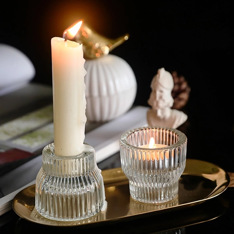 Vertical Ribbed Glass Candle Holder Scented Taper Tealight Candles Home Wedding Party Decor Modern Minimalist Romantic