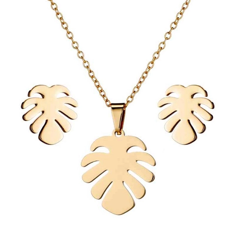 Stainless Steel Monstera Leaf Pendant Necklace And Stud Earrings Tropical Plant Design For Women Elegant Jewelry