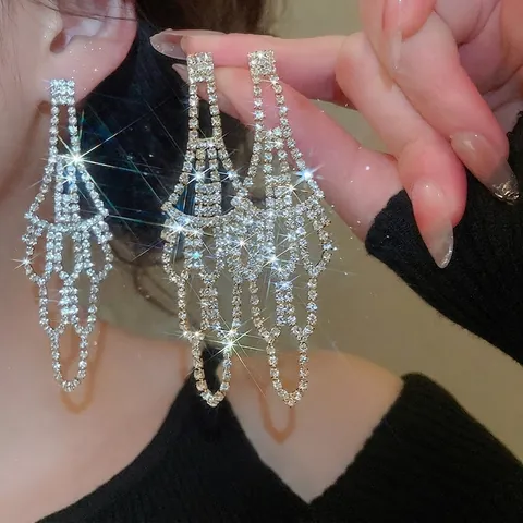 Long Tassel Chandelier Drop Earrings Copper Rhinestone With Silver Earring Post Luxury For Women Evening Party Geometric