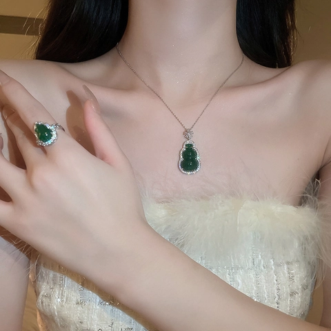 Vintage Chinese Stijl Fleskalebas Hanger Ketting Oorbellen Ring Groene Hars Zirkoon Koperen Sieraden Voor Dames Elegant Retro