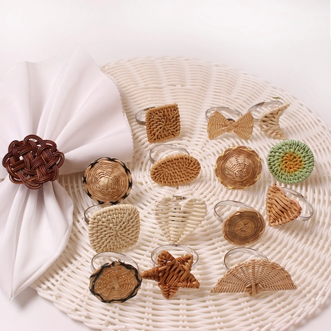 Handmade Rattan Napkin Rings Woven Natural Bamboo Table Decor For Wedding Party Boho Style Buckles Holders
