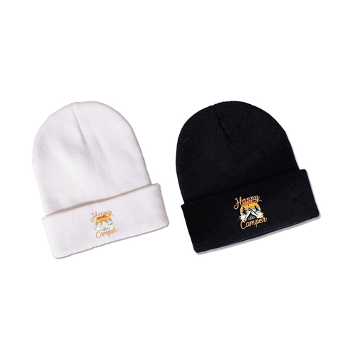 Happy Camper Embroidered Knitted Beanie Hat Acrylic Outdoor Camping Winter Warm Skull Cap For Men Women