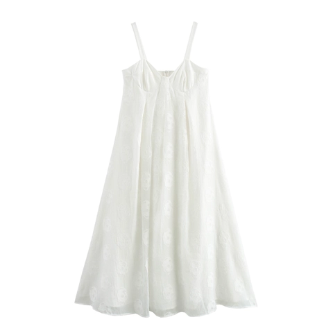 Witte Jacquard Spaghetti Bandjes Maxi Jurk Polyester Elegante Franse Vakantiestijl Vloeiende Lange Jurk Voor Dames