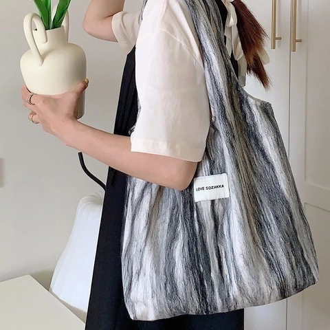 Damen Tote Bag Mit Großem Fassungsvermögen Gestreifte Wollstruktur Schulterhandtasche Lässig Popeline Futter