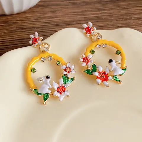 Orecchini Pendenti A Corona Vintage Lega Smalto Coniglio Fiore Strass Con Perno In Argento Gioielli Retrò Per Donna