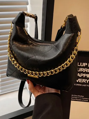 Vintage Quilted Hobo Bag PU Leather Gold Chain Decor Shoulder Handbag For Women Elegant Casual Solid Color Zipper Closure